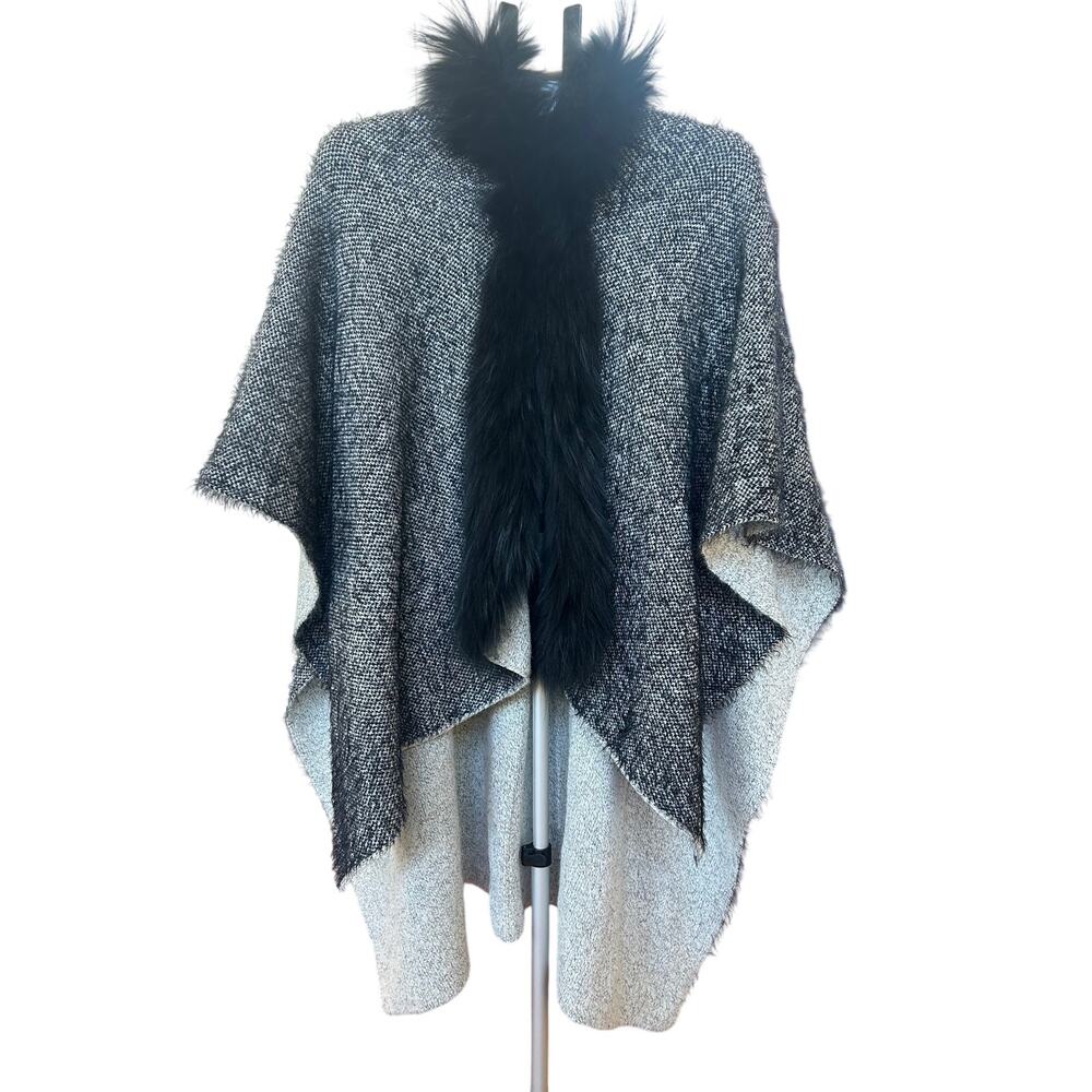 Linda Richards Luxury Hooded Fur Trim Poncho Cape Marled Knit Black White Wrap